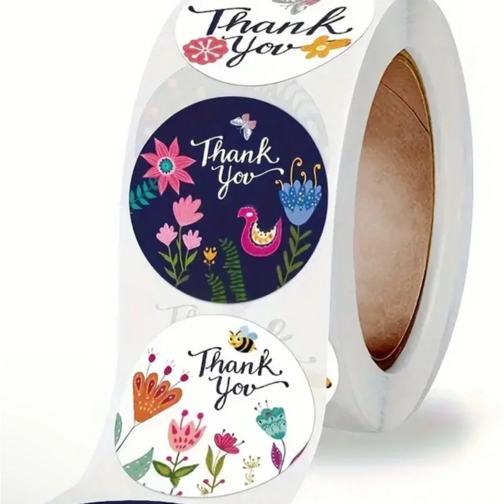 Roll of 500 Round Thank You Stickers Flowers & Birds